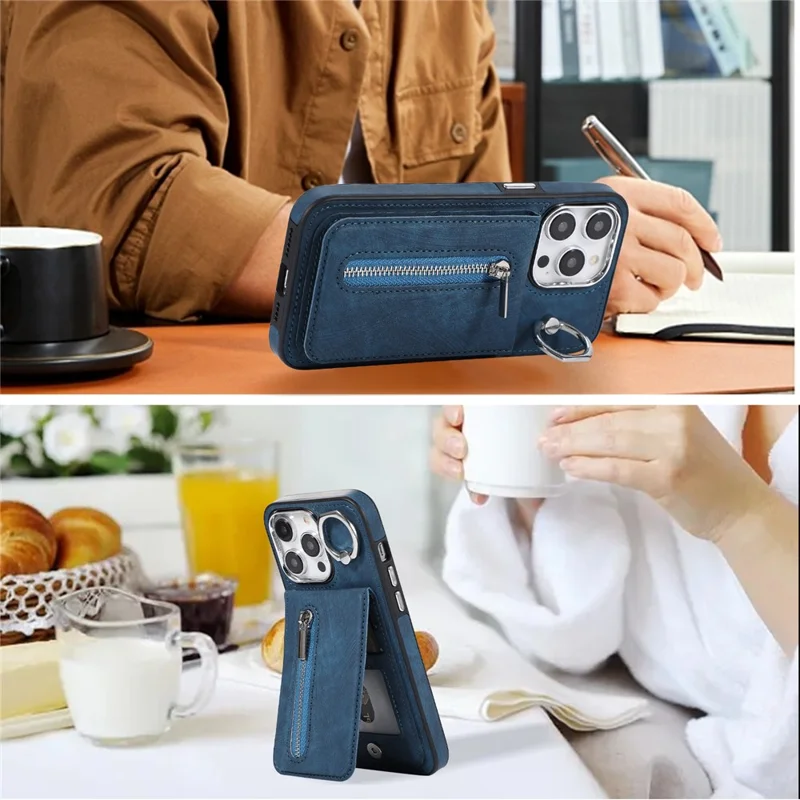 For iPhone 15 Pro Leather Coated TPU Zipper Pocket Phone Case Kickstand Cover with Hand Strap - Blue