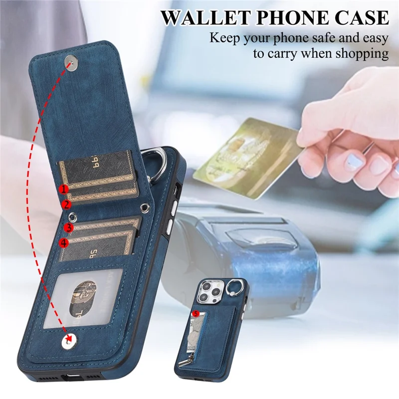 For iPhone 15 Pro Leather Coated TPU Zipper Pocket Phone Case Kickstand Cover with Hand Strap - Blue