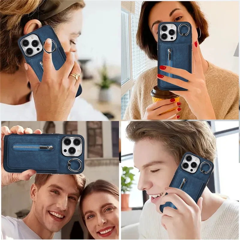 For iPhone 15 Pro Leather Coated TPU Zipper Pocket Phone Case Kickstand Cover with Hand Strap - Blue