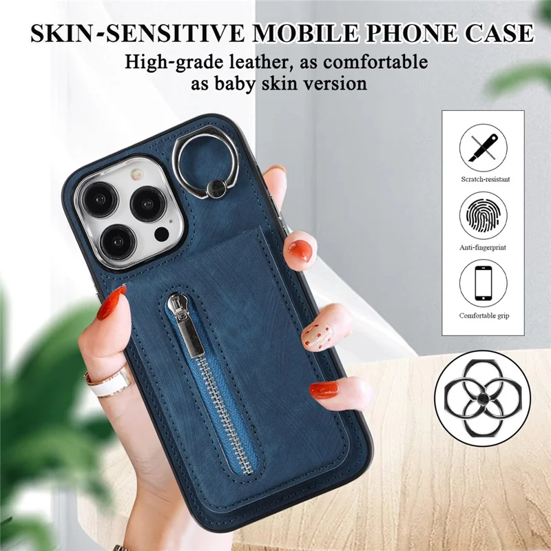 For iPhone 15 Pro Leather Coated TPU Zipper Pocket Phone Case Kickstand Cover with Hand Strap - Blue
