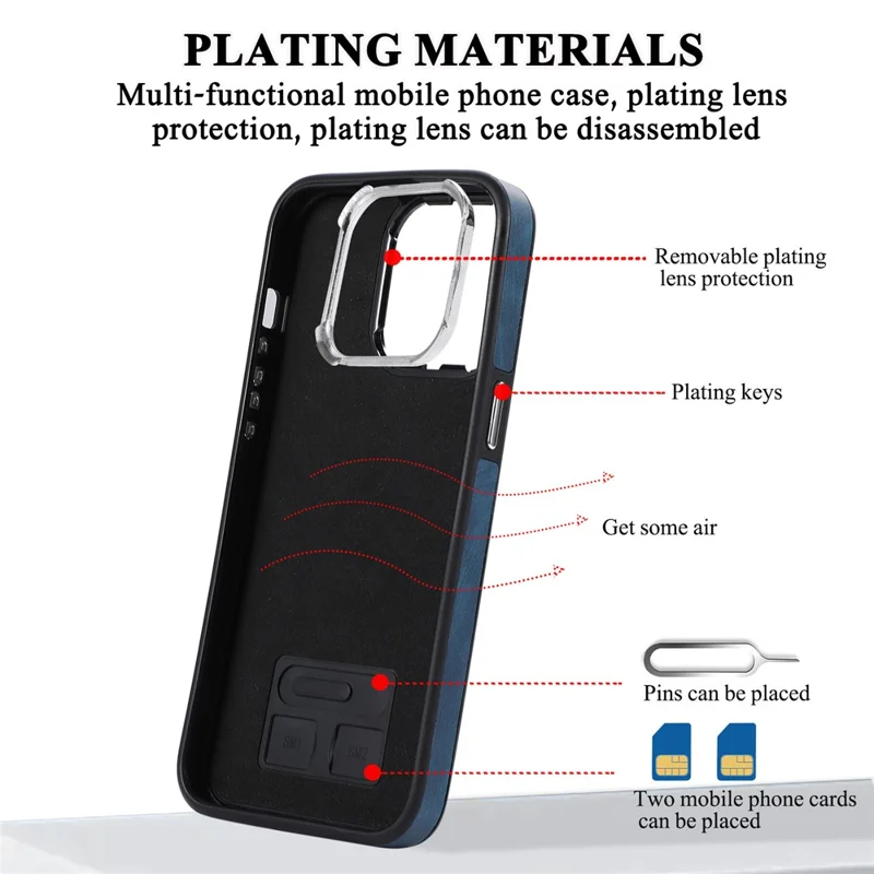 For iPhone 15 Pro Leather Coated TPU Zipper Pocket Phone Case Kickstand Cover with Hand Strap - Blue