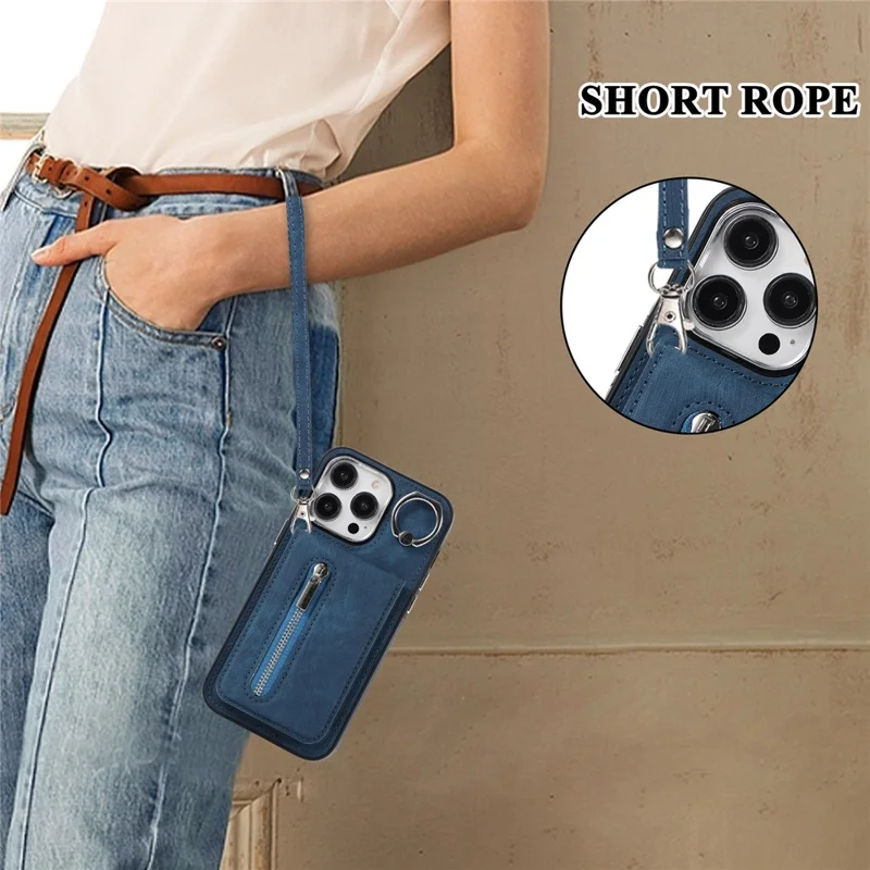 For iPhone 15 Pro Leather Coated TPU Zipper Pocket Phone Case Kickstand Cover with Hand Strap - Blue