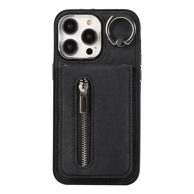 Para iPhone 15 Pro Funda de cuero+TPU con soporte, bolsillo con cremallera y correa de mano y de hombro - Negro