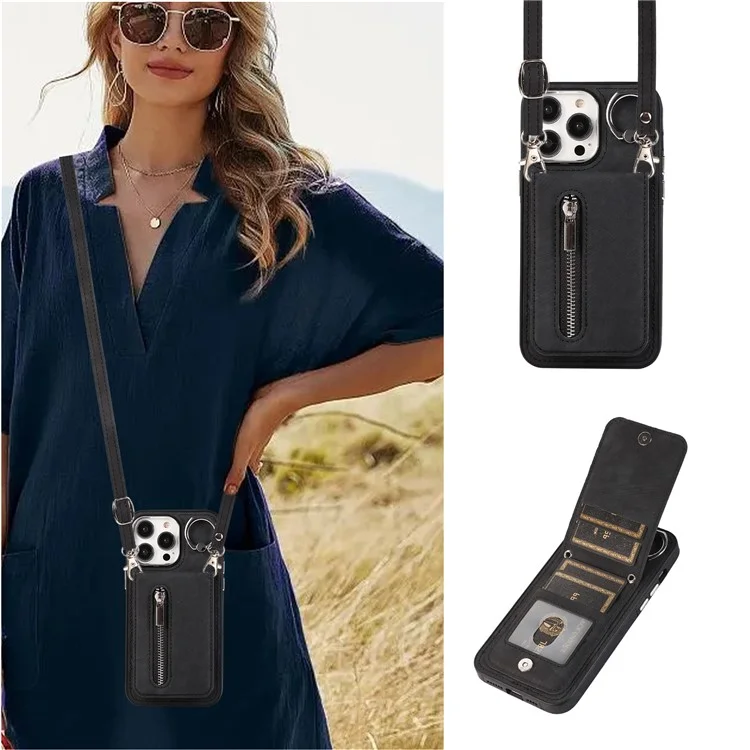 Para iPhone 15 Pro Funda de cuero+TPU con soporte, bolsillo con cremallera y correa de mano y de hombro - Negro