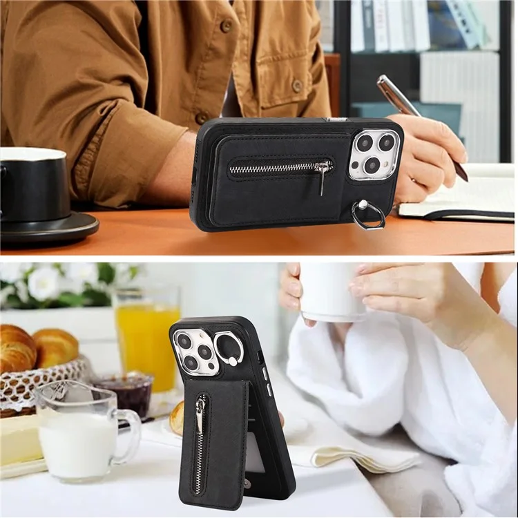 Para iPhone 15 Pro Funda de cuero+TPU con soporte, bolsillo con cremallera y correa de mano y de hombro - Negro