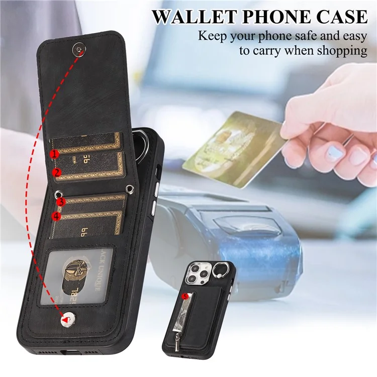 Para iPhone 15 Pro Funda de cuero+TPU con soporte, bolsillo con cremallera y correa de mano y de hombro - Negro