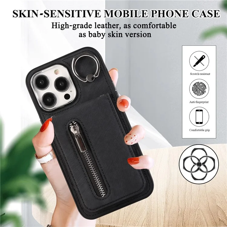Para iPhone 15 Pro Funda de cuero+TPU con soporte, bolsillo con cremallera y correa de mano y de hombro - Negro