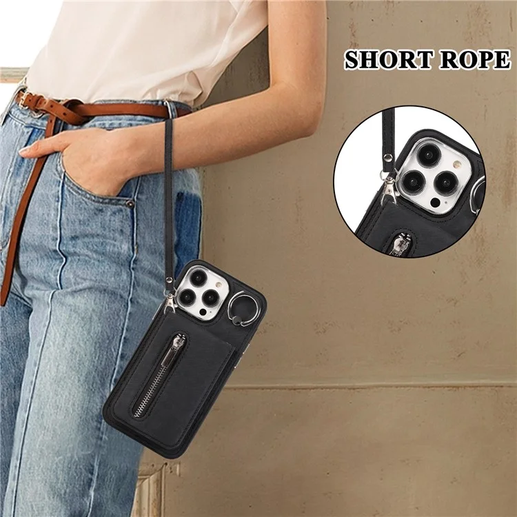 Para iPhone 15 Pro Funda de cuero+TPU con soporte, bolsillo con cremallera y correa de mano y de hombro - Negro
