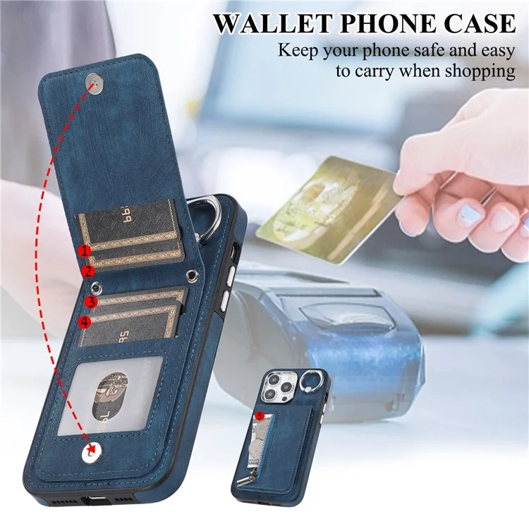 Custodia a Zip per iPhone 15 con Tasca Zip, Custodia in Pelle Laccata TPU con Tracolla - Blu