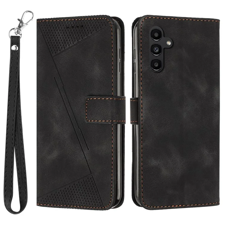 For Samsung Galaxy A24 4G (162.1 x 77.6 x 8.3mm) Triangle Imprinted PU Leather Phone Case Stand Wallet Cover with Strap - Black