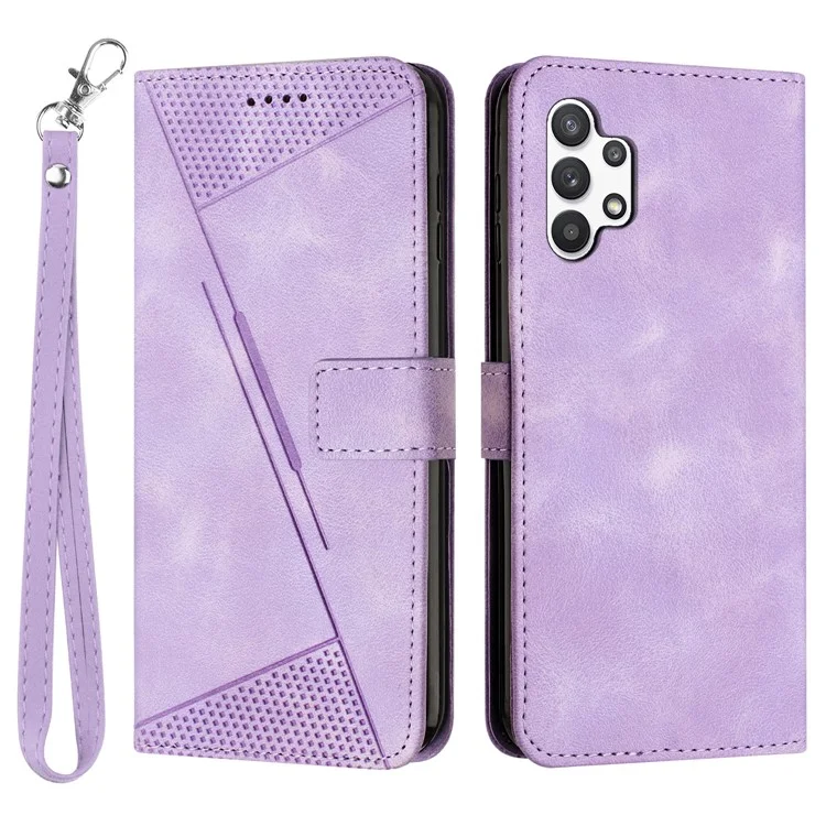 For Samsung Galaxy A32 5G / M32 5G Phone Case Triangle Imprinted Leather Stand Wallet Cover with Strap - Purple