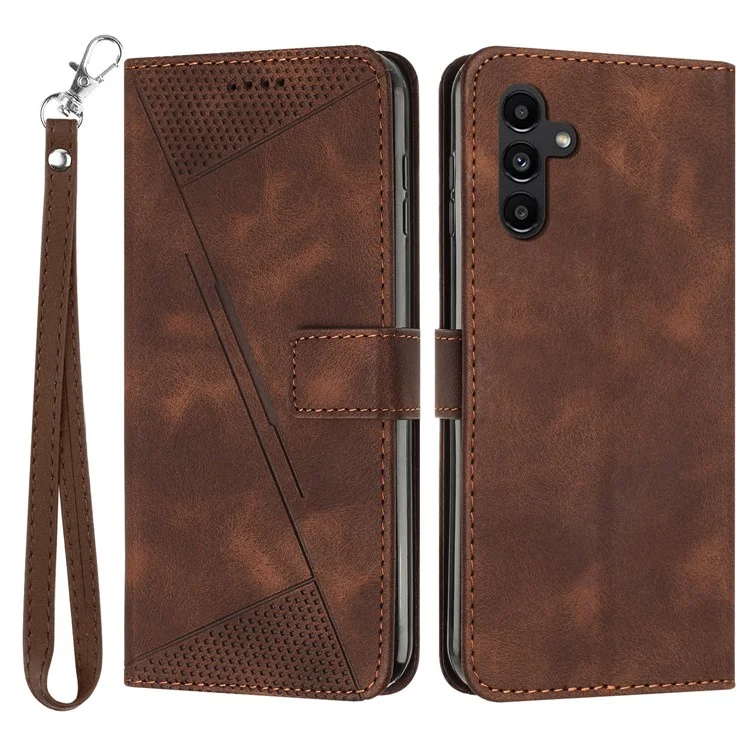 For Samsung Galaxy A14 5G Leather Wallet Stand Cover Triangle Imprint Phone Case with Strap - Brown