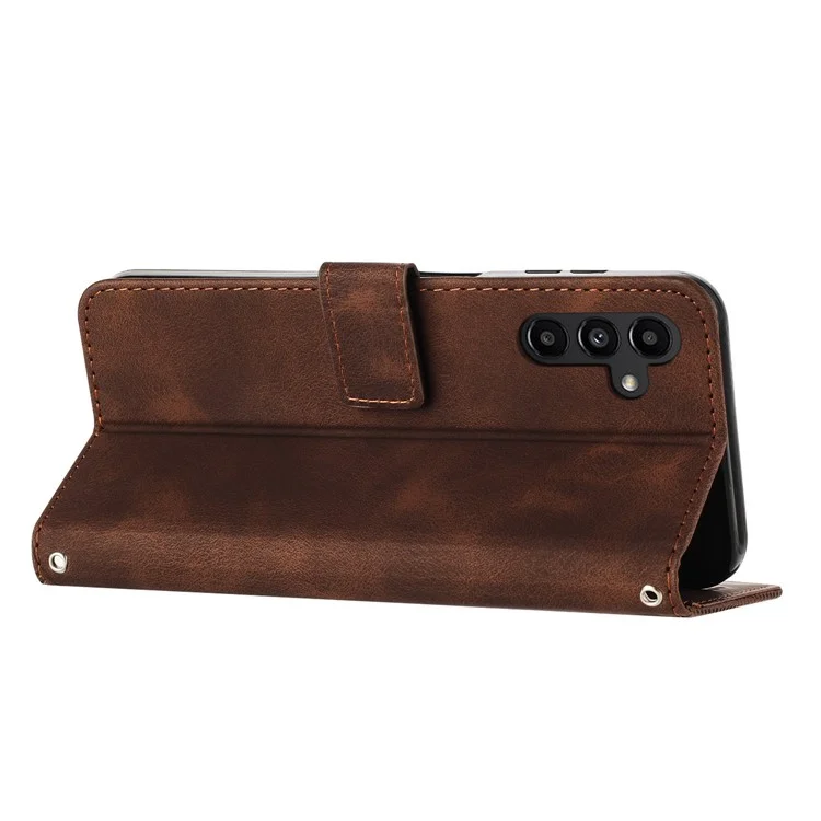 For Samsung Galaxy A14 5G Leather Wallet Stand Cover Triangle Imprint Phone Case with Strap - Brown