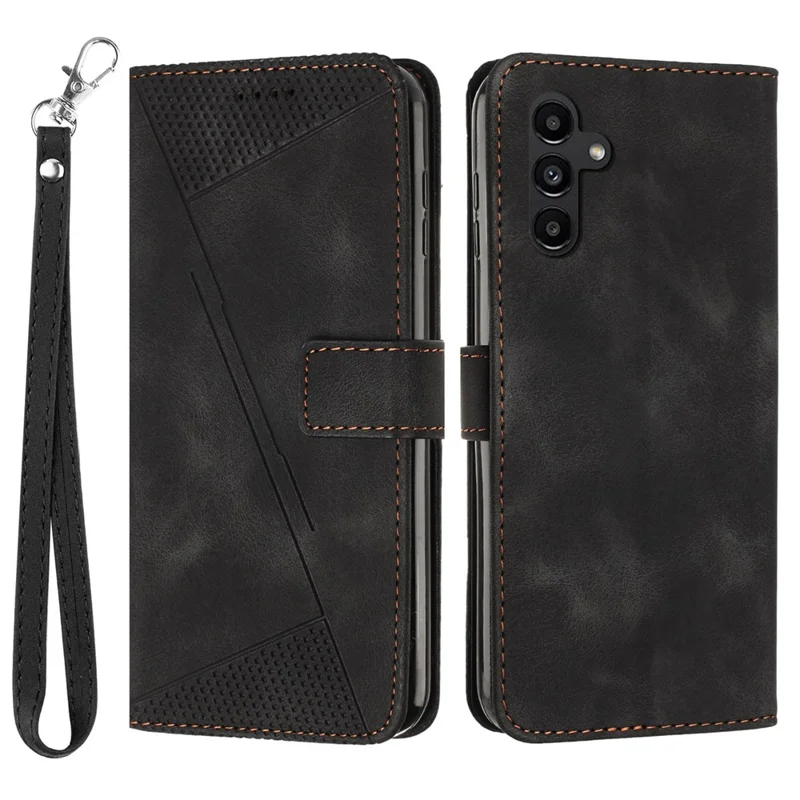 For Samsung Galaxy A14 5G Leather Wallet Stand Cover Triangle Imprint Phone Case with Strap - Black