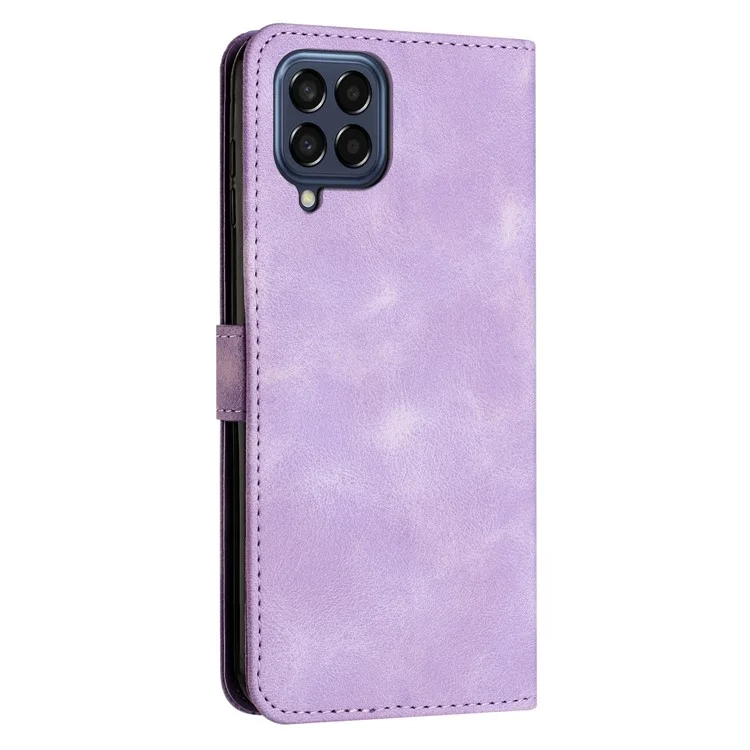 Custodia per telefono con impresso triangolo per Samsung Galaxy M53 5G in pelle sintetica PU, con copertura a portafoglio con supporto e tracolla - Viola