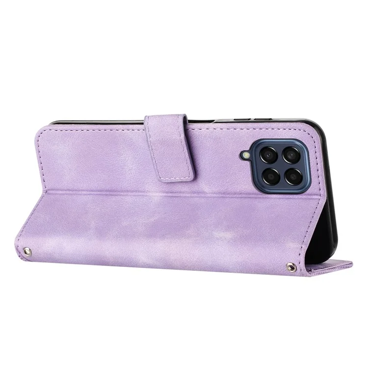 Custodia per telefono con impresso triangolo per Samsung Galaxy M53 5G in pelle sintetica PU, con copertura a portafoglio con supporto e tracolla - Viola