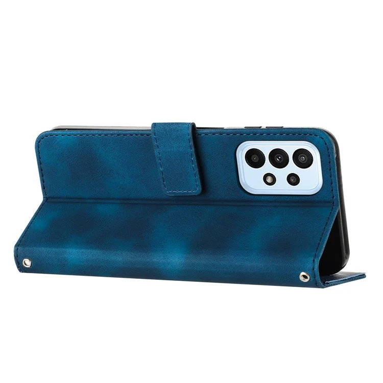 Leather Wallet Cover for Samsung Galaxy A33 5G Triangle Imprint Anti-drop Stand Phone Case with Strap - Sapphire