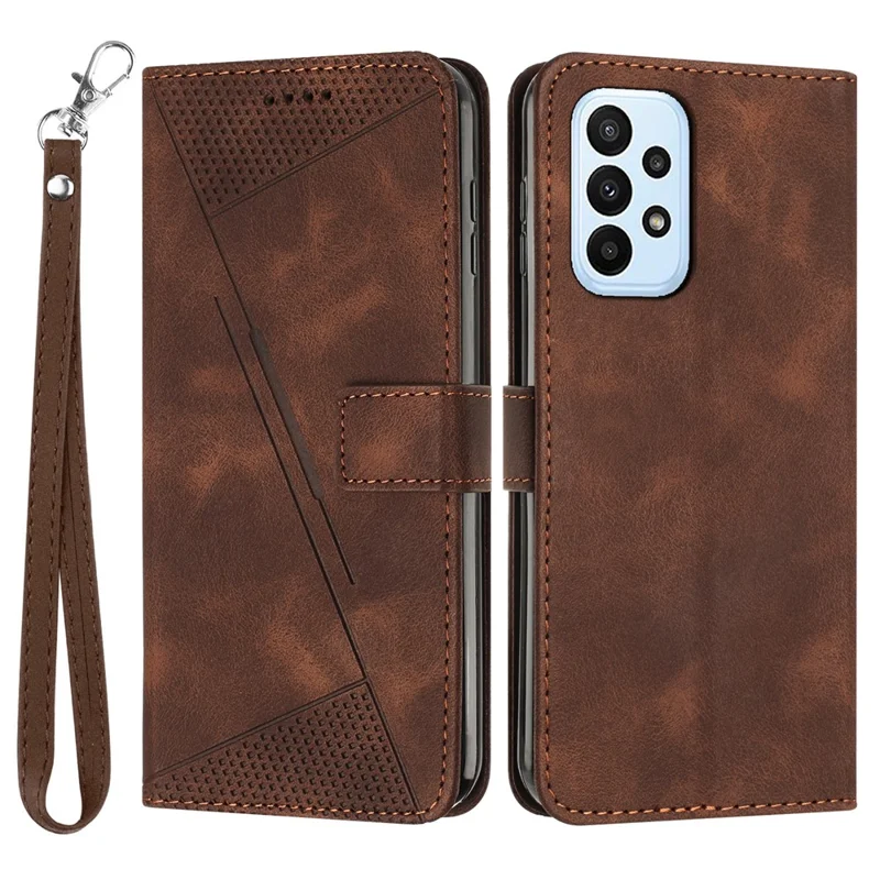 Leather Wallet Cover for Samsung Galaxy A33 5G Triangle Imprint Anti-drop Stand Phone Case with Strap - Brown