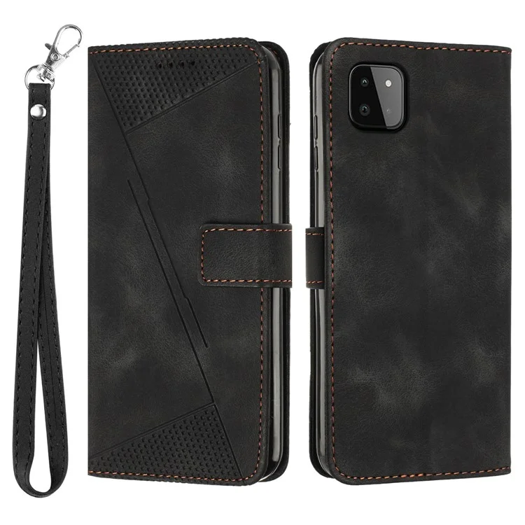 Capa Anti-gota para Samsung Galaxy A22 5G (Versão EU) Cobertura de Carteira de Couro com Estampa Triangular e Alça - Preto
