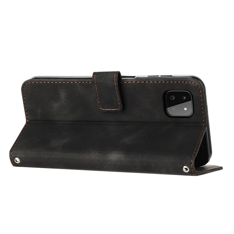 Capa Anti-gota para Samsung Galaxy A22 5G (Versão EU) Cobertura de Carteira de Couro com Estampa Triangular e Alça - Preto