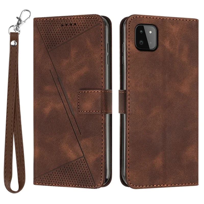 Anti-drop Phone Case for Samsung Galaxy A22 5G (EU Version) Triangle Imprint Leather Stand Wallet Cover with Strap - Brown