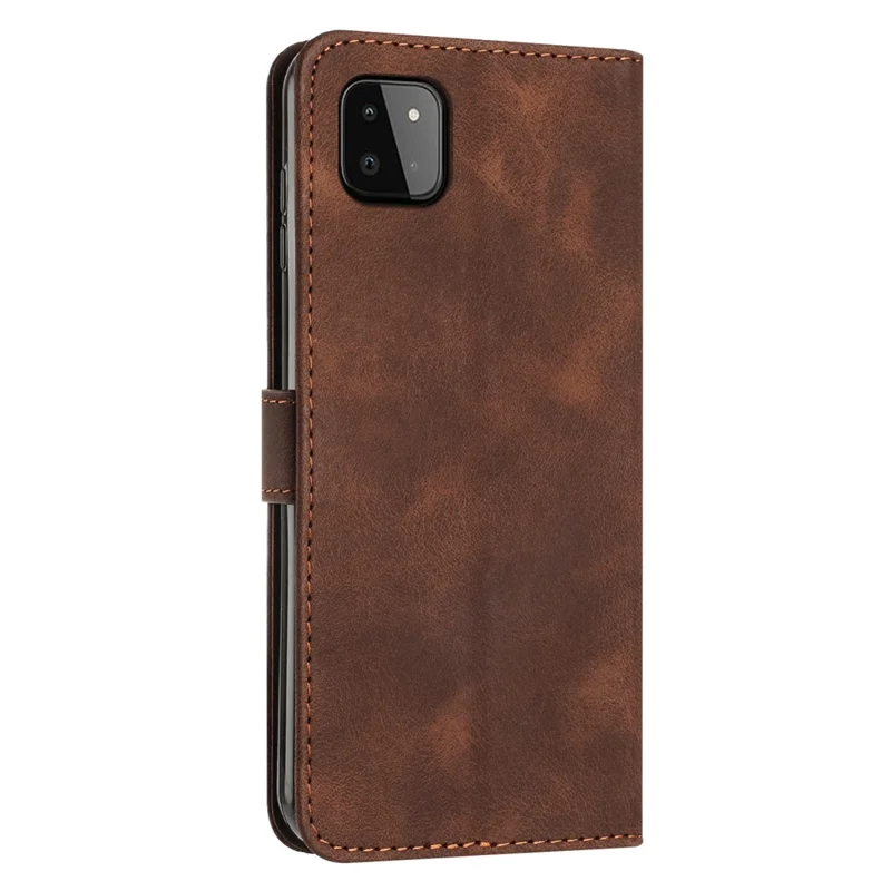 Anti-drop Phone Case for Samsung Galaxy A22 5G (EU Version) Triangle Imprint Leather Stand Wallet Cover with Strap - Brown