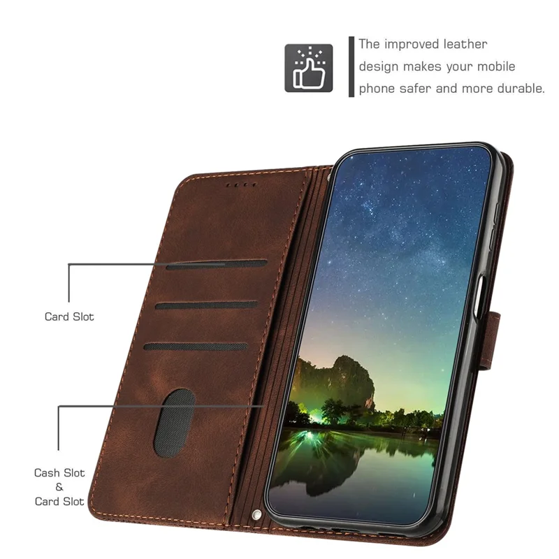 Anti-drop Phone Case for Samsung Galaxy A22 5G (EU Version) Triangle Imprint Leather Stand Wallet Cover with Strap - Brown