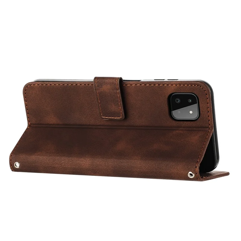Anti-drop Phone Case for Samsung Galaxy A22 5G (EU Version) Triangle Imprint Leather Stand Wallet Cover with Strap - Brown
