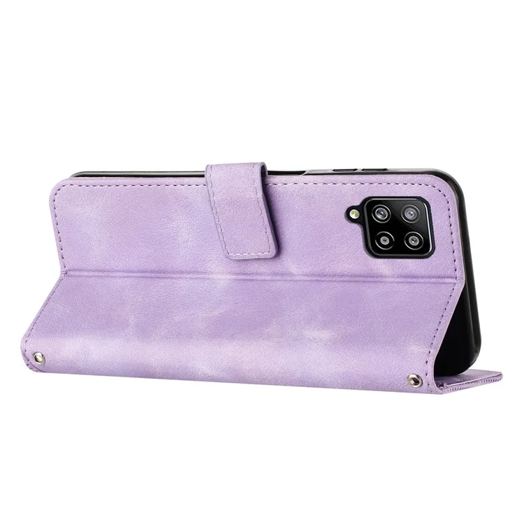 For Samsung Galaxy A22 4G (EU Version) / M32 (India Version) / M32 (Global Version) 4G / F22 / M22 Leather Phone Cover Imprinted Wallet Stand Case - Purple