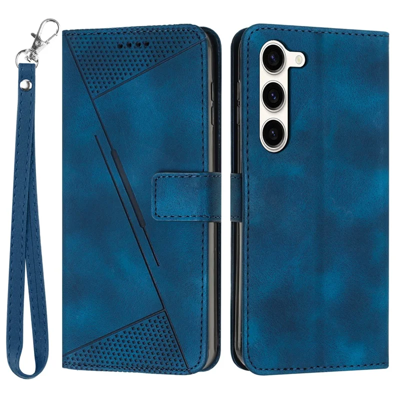 Triangle Imprint Leather Cover for Samsung Galaxy S23 Folding Stand Wallet Phone Case with Strap - Sapphire