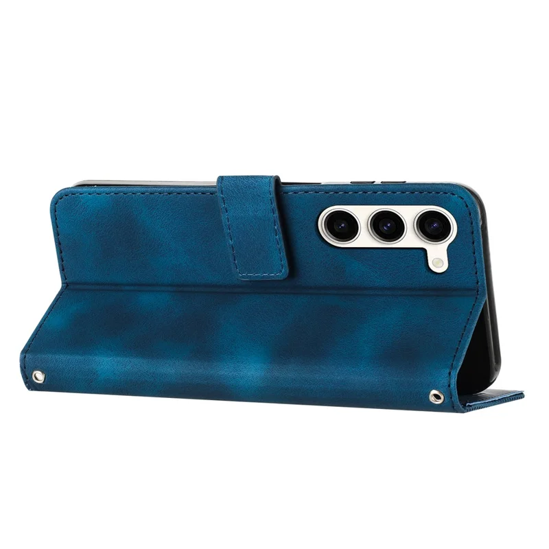 Triangle Imprint Leather Cover for Samsung Galaxy S23 Folding Stand Wallet Phone Case with Strap - Sapphire
