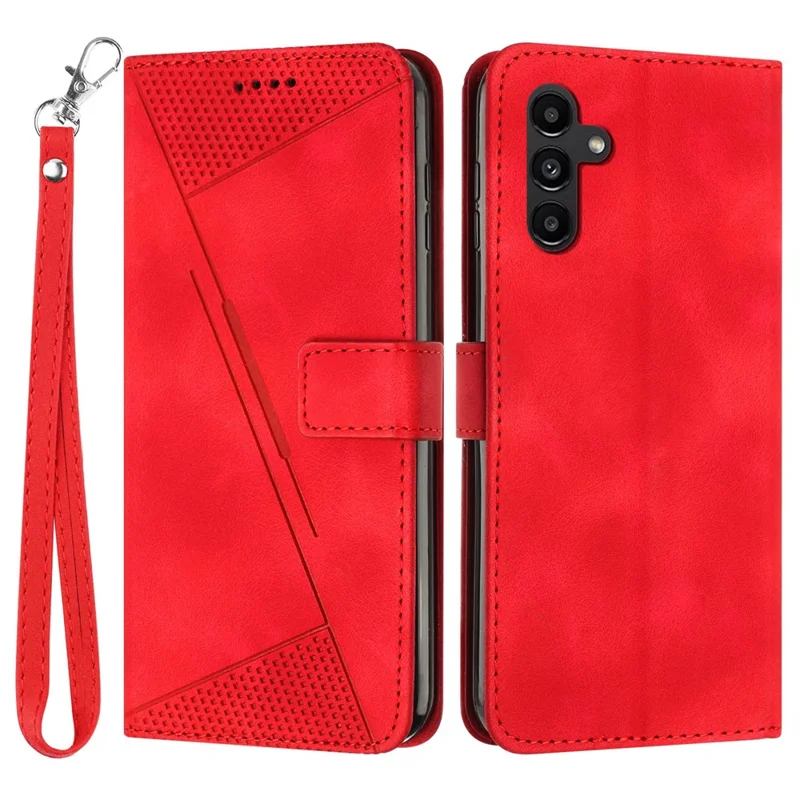For Samsung Galaxy M54 5G / F54 5G Leather Wallet Drop-proof Phone Cover Triangle Imprint Stand Shell with Strap - Red