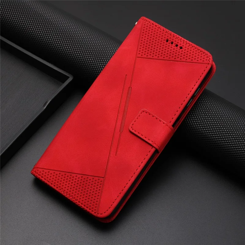 For Samsung Galaxy M54 5G / F54 5G Leather Wallet Drop-proof Phone Cover Triangle Imprint Stand Shell with Strap - Red