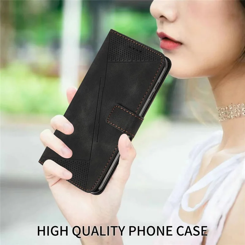 For Samsung Galaxy M54 5G / F54 5G Leather Wallet Drop-proof Phone Cover Triangle Imprint Stand Shell with Strap - Black