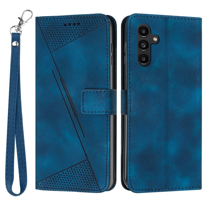For Samsung Galaxy M54 5G / F54 5G Leather Wallet Drop-proof Phone Cover Triangle Imprint Stand Shell with Strap - Sapphire