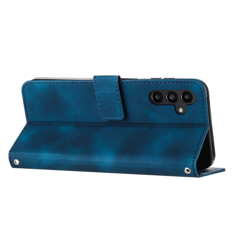 For Samsung Galaxy M54 5G / F54 5G Leather Wallet Drop-proof Phone Cover Triangle Imprint Stand Shell with Strap - Sapphire