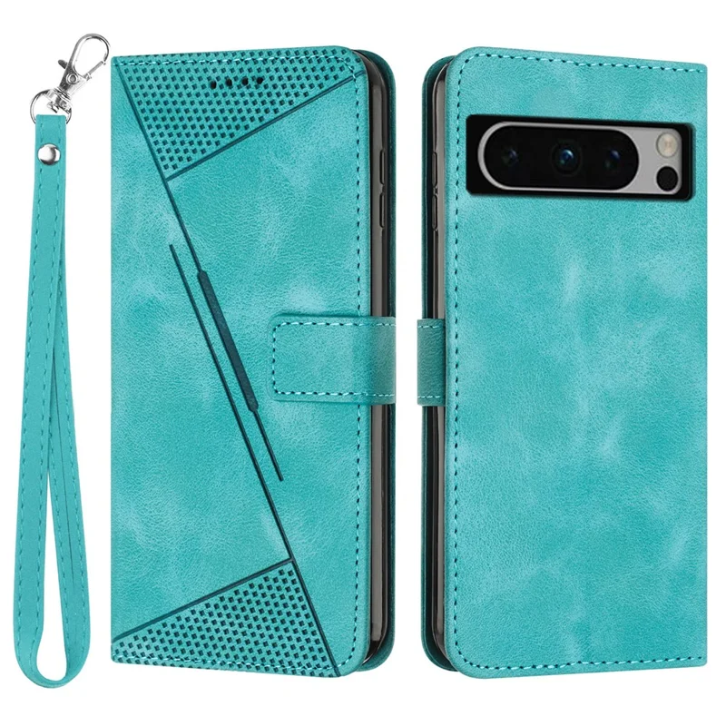 Protective Case for Google Pixel 8 Pro Triangle Imprint Leather Stand Wallet Phone Cover with Strap - Green