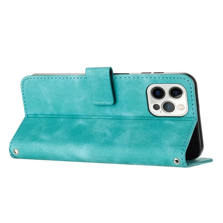 For iPhone 12 / iPhone 12 Pro 6.1 inch PU Leather Stand Phone Case Triangle Imprinted Wallet Cover with Strap - Green