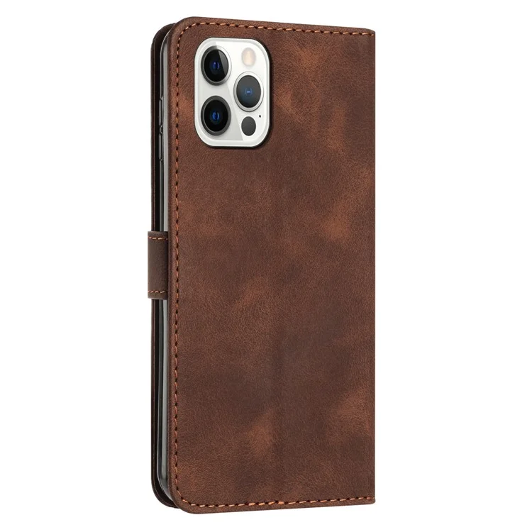 For iPhone 12 / iPhone 12 Pro 6.1 inch PU Leather Stand Phone Case Triangle Imprinted Wallet Cover with Strap - Brown