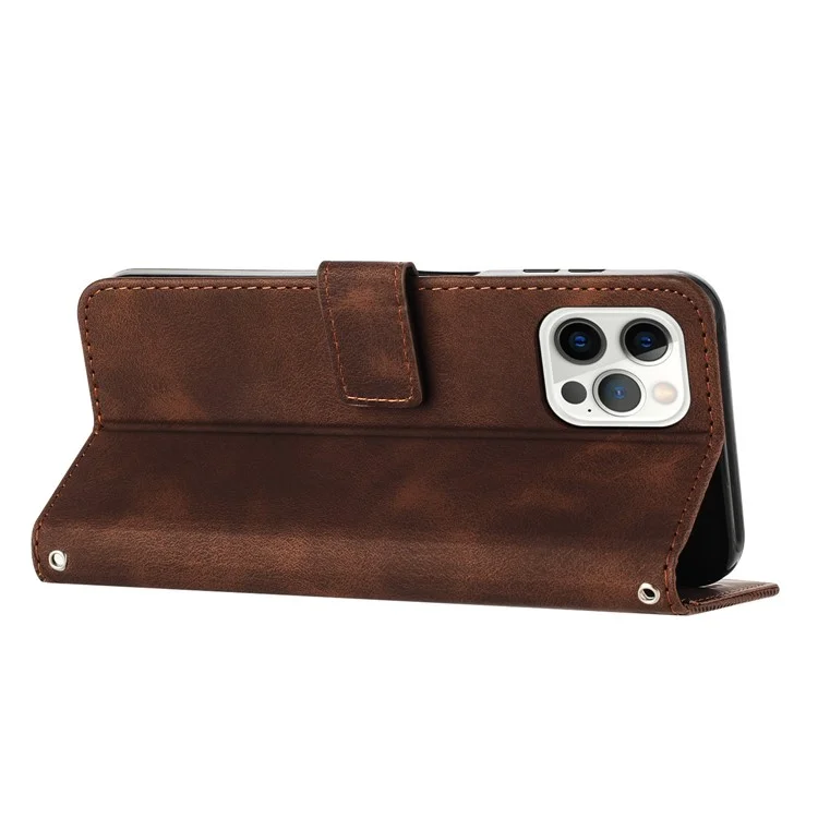 For iPhone 12 / iPhone 12 Pro 6.1 inch PU Leather Stand Phone Case Triangle Imprinted Wallet Cover with Strap - Brown