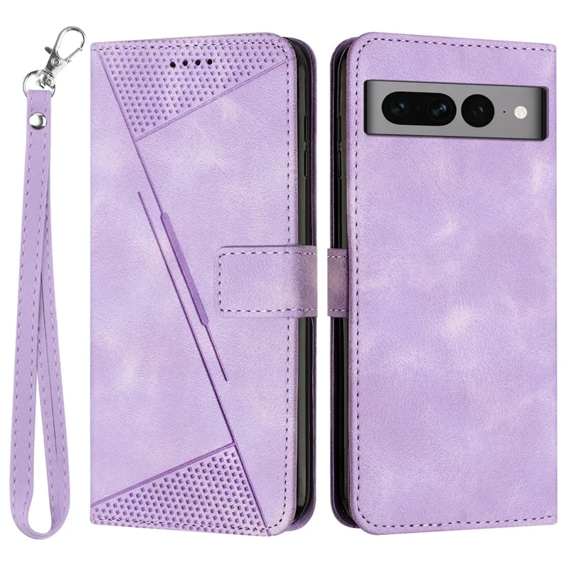 Triangle Imprint Stand Case for Google Pixel 7 Pro 5G PU Leather Wallet Smartphone Cover with Strap - Purple