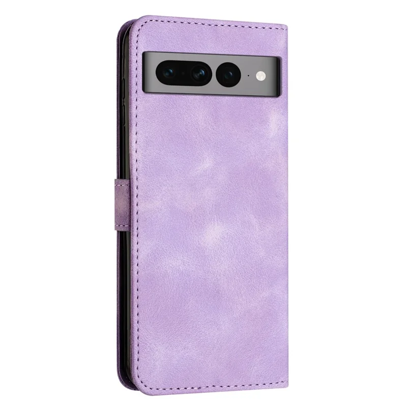 Triangle Imprint Stand Case for Google Pixel 7 Pro 5G PU Leather Wallet Smartphone Cover with Strap - Purple