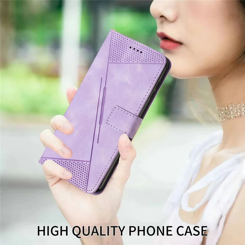 Triangle Imprint Stand Case for Google Pixel 7 Pro 5G PU Leather Wallet Smartphone Cover with Strap - Purple