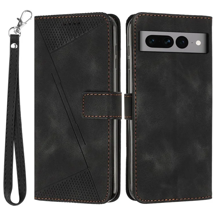 Triangle Imprint Stand Case for Google Pixel 7 Pro 5G PU Leather Wallet Smartphone Cover with Strap - Black
