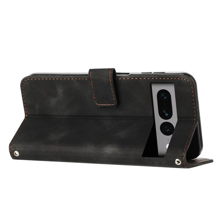 Triangle Imprint Stand Case for Google Pixel 7 Pro 5G PU Leather Wallet Smartphone Cover with Strap - Black
