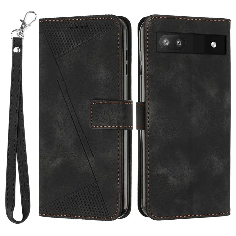 For Google Pixel 7a Leather Wallet Stand Cover Triangle Imprint Shockproof Cell Phone Case with Strap - Black