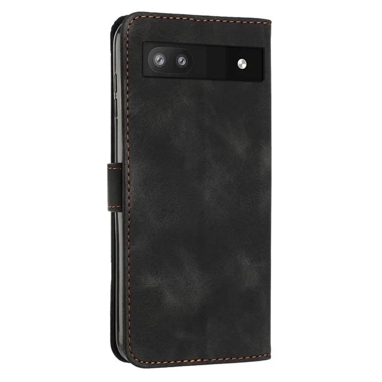 For Google Pixel 7a Leather Wallet Stand Cover Triangle Imprint Shockproof Cell Phone Case with Strap - Black