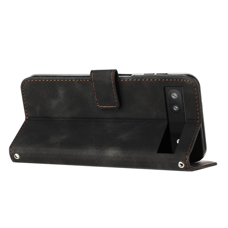 For Google Pixel 7a Leather Wallet Stand Cover Triangle Imprint Shockproof Cell Phone Case with Strap - Black
