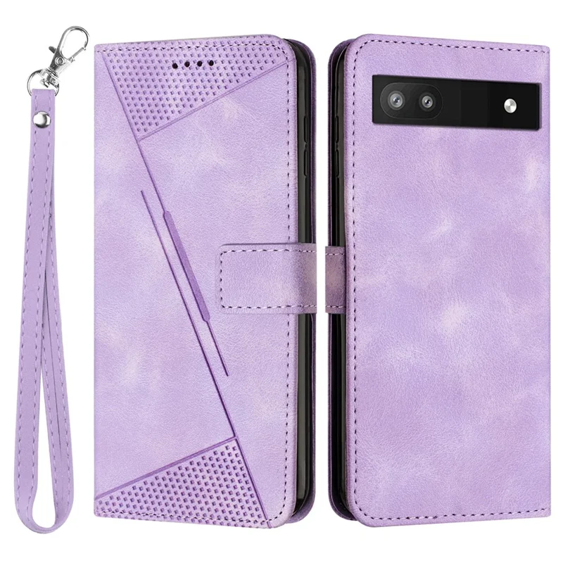 For Google Pixel 7a Leather Wallet Stand Cover Triangle Imprint Shockproof Cell Phone Case with Strap - Purple