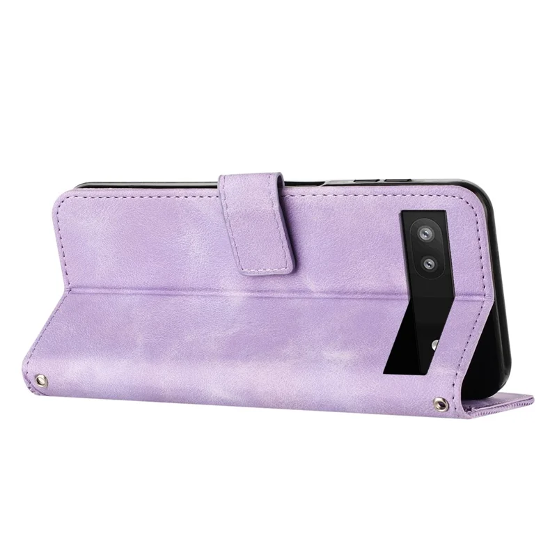 For Google Pixel 7a Leather Wallet Stand Cover Triangle Imprint Shockproof Cell Phone Case with Strap - Purple
